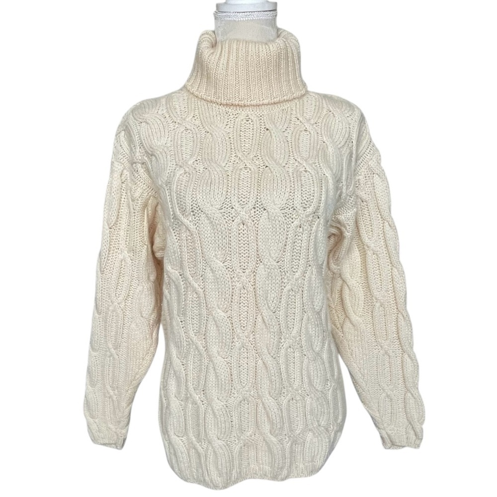 Woollen Mills Merino Wool Fisherman Cable Knit Turtleneck Sweater Sz XS Ireland